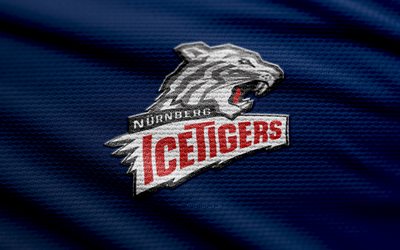 뉘른베르크 아이스 타이거스 패브릭 로고, 4k, 블루 패브릭 배경, 델, 보케, 하키, 뉘른베르크 아이스 타이거스 로고, 뉘른베르크 아이스 타이거스 엠블럼, 독일 하키팀, 뉘른베르크 아이스 타이거즈