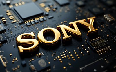 logo sony doré, 4k, fond de technologie noir, logo sony 3d, logo sony en métal doré, art numérique, signe sony, sony