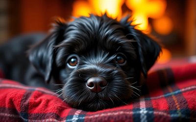 cachorro affenpinscher, 4k, bokeh, hogar, animales lindos, manta a cuadros, de cerca, cachorros, perros, bozal, affenpinscher, mascotas, perro en manta, perro affenpinscher