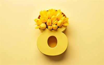 8 mars gratulationskort, 4k, 8 mars, gul bakgrund, internationella kvinnodagen, gula tulpaner, 8 med blommor, tulpaner, 8 mars koncept