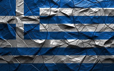4k, Greece flag, stone texture, flag of Greece, Europe, Greece 3D flag, background with cracks, Greece, Greek flag