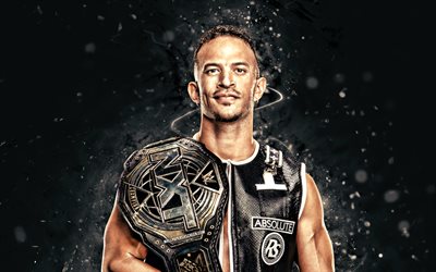 ricky santos, 4k, luzes de néon brancas, wwe, criativo, lutador americano, richard starks, ricky saints com cinto, nxt, fundo abstrato preto, entretenimento de luta livre mundial, lutadores, ricky santos 4k