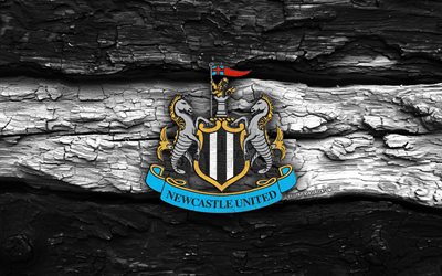 Newcastle United wooden logo, 4k, black white wooden background, Premier League, soccer, Newcastle United logo, football, Newcastle United emblem, Newcastle United, english football club, Newcastle United FC