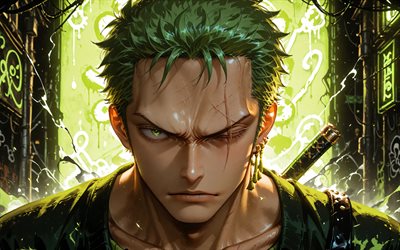 4k, roronoa zoro, fondo abstracto verde, espada, una pieza, kimono, personajes de una pieza, manga, cazador de piratas, roronoa zoro una pieza