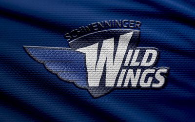 schwenninger wild wings 패브릭 로고, 4k, 블루 패브릭 배경, 델, 보케, 하키, 슈벤닝거 와일드 윙스 로고, schwenninger wild wings 엠블럼, 독일 하키팀, 슈벤닝거 와일드 윙즈