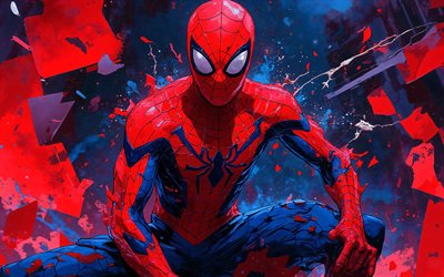 4k, hombre araña, arte grunge, fondo abstracto rojo azul, superhéroes, cómics marvel, obra de arte, arte del hombre araña, fan art, hombre araña 4k