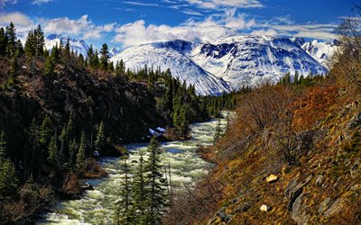 युकोन नदी, 4k, एचडीआर, वसंत, जंगल, पहाड़, कनाडा, खूबसूरत परिद्रश्य, नदियों, कनाडाई स्थलचिह्न, ब्रिटिश कोलंबिया