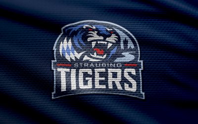 straubing tigers 패브릭 로고, 4k, 블루 패브릭 배경, 델, 보케, 하키, 스트라우빙 타이거스 로고, 슈트라우빙 타이거스 엠블럼, 독일 하키팀, 슈트라우빙 타이거스