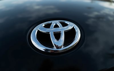 Toyota logo, 4K, black hood, Toyota sign, Toyota emblem, Toyota logo on a black hood, Japanese cars, Toyota
