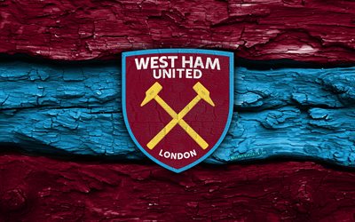 West Ham United wooden logo, 4k, purple blue wooden background, Premier League, soccer, West Ham United logo, football, West Ham United emblem, West Ham United, english football club, West Ham United FC