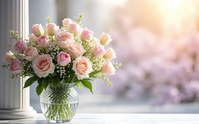 4k, strauß zartrosa rosen, frühlingsstrauß, rosen in einer kristallvase, rosa rosen, schöner blumenstrauß, rosen