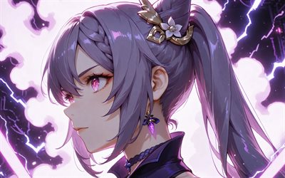 4k, keqing, mor soyut arka plan, genshin etkisi, mor duman, yaratıcı, anime karakterleri, genshin etkisi karakterleri, keqing genshin etkisi