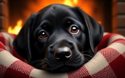 4k, cachorro labrador, de cerca, hogar, labrador negro, animales lindos, manta a cuadros, bokeh, cachorros, perros, bozal, labrador, mascotas, perro en manta, perro labrador