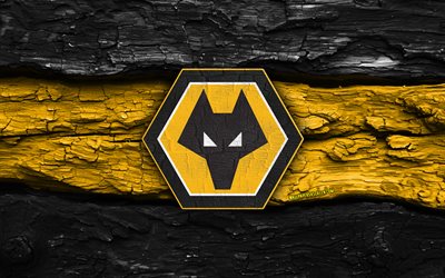 Wolverhampton Wanderers wooden logo, 4k, black yellow wooden background, Premier League, soccer, Wolverhampton Wanderers logo, football, Wolverhampton Wanderers emblem, Wolverhampton Wanderers, english football club, Wolverhampton Wanderers FC