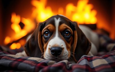4k, cachorro de basset hound, de cerca, hogar, animales lindos, manta a cuadros, bokeh, cachorros, perros, bozal, perro de afloramiento, mascotas, perro en manta, perro basset hound