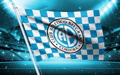 4k, logo ca belgrano, club de football argentin, drapeau du stade, drapeau des supporters du ca belgrano, drapeau blanc bleu, emblème du ca belgrano, première division argentine, argentine, football, ca belgrano