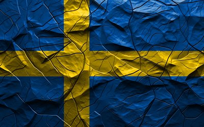 4k, bandera de suecia, textura de piedra, europa, bandera de suecia 3d, fondo con grietas, suecia, bandera sueca