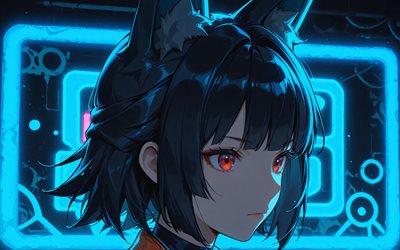 4k, Hoshimi Miyabi, close-up, blue neon lights, Zenless Zone Zero, darkness, manga, Zenless Zone Zero charcaters, Icon Frost Frost, Icon Anomaly Anomaly, Hoshimi Miyabi Zenless Zone Zero
