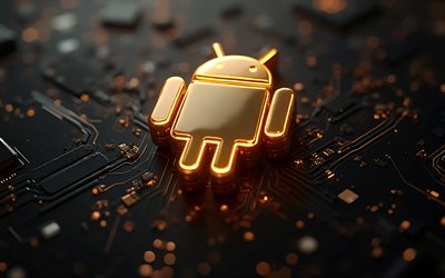 android logo mit goldenem glitzer, 4k, schwarzes mainboard, android logo, android goldenes emblem, android zeichen, hintergrund der goldtechnologie, android goldenes 3d logo, android roboter, android