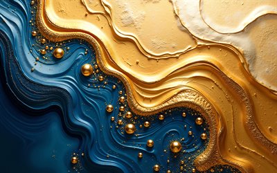 fondo de ondas azules y doradas, 4k, toques de oro y fondo rojo, fondo de ondas doradas 3d, fondo de pintura azul y dorado, fondos de ondas 3d
