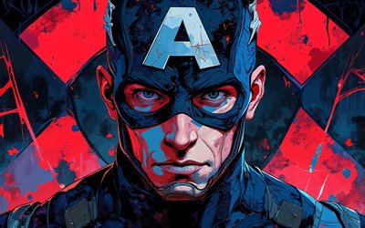 4k, kapteeni amerikka, grunge, sininen punainen tausta, supersankareita, marvel sarjakuvat, taideteos, kapteeni amerikan taidetta, fanitaidetta, kapteeni amerikka 4k