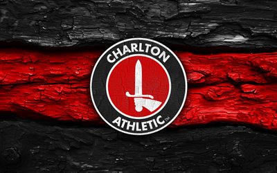logo in legno del charlton athletic, 4k, fondo di legno rosso nero, campionato, calcio, logo del charlton athletic, emblema del charlton athletic, charlton atletico, squadra di calcio inglese, charlton athletic fc