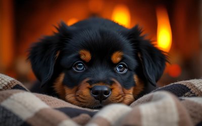 4k, Rottweiler puppy, close-up, fireplace, cute animals, checkered blanket, bokeh, puppies, dogs, muzzle, Rottweiler, pets, dog in blanket, Rottweiler Dog