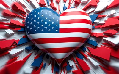 amo estados unidos, 4k, fondo geométrico 3d, dia de estados unidos, coloridos rayos 3d, bandera de estados unidos, corazón con bandera americana, bandera americana, eeuu, amor por estados unidos, amo américa