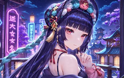 yun jin, 4k, castillos japoneses, impacto de genshin, noche, luces de neón, personajes de anime, ojos rojos, personajes de impacto de genshin, impacto de yun jin genshin