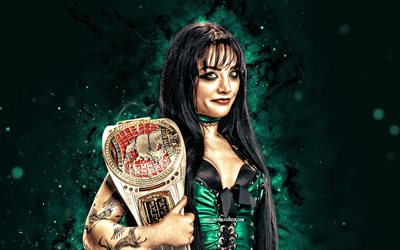 4k, Tatum Paxley, turquoise neon lights, WWE, creative, american wrestler, Natalie Elizabeth Beidelschies, Tatum Paxley with belt, turquoise abstract background, World Wrestling Entertainment, wrestlers, Tatum Paxley 4K