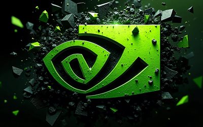 4k, logotipo de piedra de nvidia, creativo, fondo negro 3d, piedras voladoras, logotipo 3d de nvidia, obra de arte, logotipo de nvidia, marcas de electrónica, nvidia