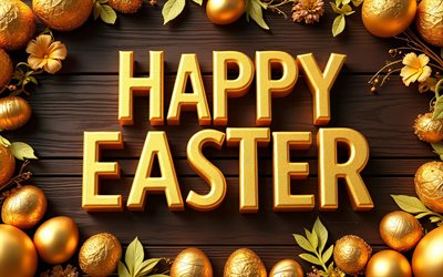 feliz páscoa, 4k, fundo de madeira escuro, ovos de páscoa dourados, molduras de páscoa, decorações de páscoa, fundos de páscoa, ovos de páscoa, inscrição de feliz páscoa, páscoa