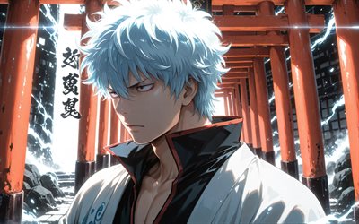 sakata gintoki, 4k, puertas torii, iluminaciones, gintama, noche, torii, manga, protagonista, gintoki sakata, personajes gintama, sakata gintoki gintama