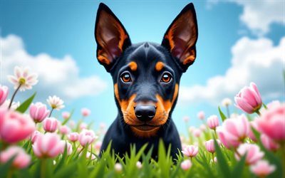 4k, Dobermann puppy, close-up, spring, pink tulips, bokeh, dogs, cute animals, puppies, pets, Dobermann, spring flowers, puppy on the lawn, Dobermann Dog