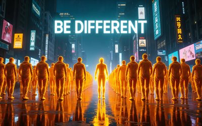 4k, 달라져라, 사이버펑크, 군중 속의 남자, 밤, 노란 빛, 서로 다른 개념을 가지세요, 다른 비문 수, 삽화, 다른 예술이 되어라