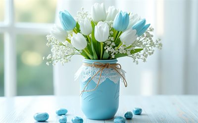 bouquet of white and blue tulips, 4K, spring, tulips in a vase, blue tulips, white tulips, spring flowers, blue stones