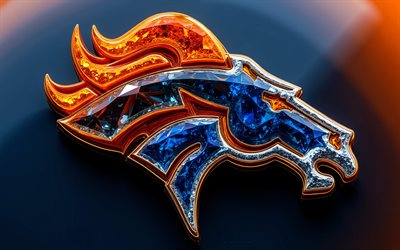 logo in cristallo dei denver broncos, 4k, sfondo arancione in metallo, nfl, logo dei denver broncos, emblema dei denver broncos, usa, denver broncos, football americano