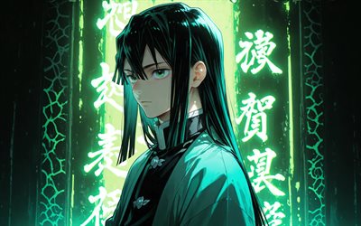 tokito muichiro, 4k, kimono turquesa, jeroglíficos, kimetsu no yaiba, oscuridad, manga, protagonista, cuerpo de cazadores de demonios, asesino de demonios, muichiro tokito kimetsu no yaiba