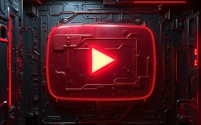 youtube logo aus rotem glas, 4k, rote backsteinmauer, dunkelheit, drähte, kreativ, marken, youtube neon logo, soziale netzwerke, youtube logo, leuchtendes youtube logo, youtube