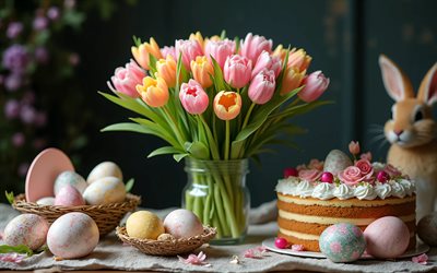بيض عيد الفصح, 4k, باقة من زهور التوليب, كعكة عيد الفصح, خوخه, عيد فصح سعيد, زينة عيد الفصح, أرانب عيد الفصح, خلفيات عيد الفصح, عيد الفصح