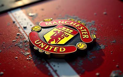 Manchester United FC metal logo, 4k, red metal background, Man United, Manchester United logo, Man United logo, Manchester United FC logo, Manchester United FC emblem, England, Manchester United FC