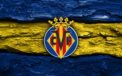 logotipo de madera del villarreal cf, 4k, fondo de madera amarillo azul, laliga, fútbol, logotipo del villarreal cf, fútbol americano, escudo del villarreal cf, villarreal fc, la liga, club de fútbol español, villarreal cf