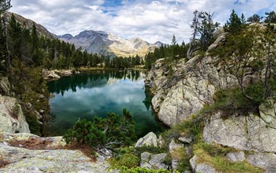 mountain lake, evening, sunset, glacial lake, mountain landscape, rocks, Alps, beautiful lakes