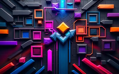 4k, figuras coloridas en 3d, geometría, prismas, cubos, fondo oscuro 3d, paralelepípedos, patrones 3d, fondos 3d, formas geométricas, creativo, fondos abstractos oscuros, figuras geométricas