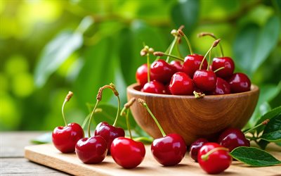 cuenco de madera con cerezas, 4k, bayas maduras, frutas de verano, frutas frescas, bokeh, de cerca, frutas maduras, cerezas maduras, bayas, cereza, fondo con cerezas, frutas, guindas