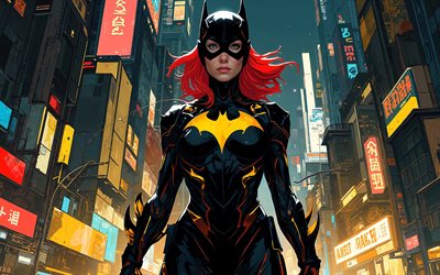4k, 배트걸, 거리, 슈퍼 히어로, 밤, 마블 코믹스, 배트걸 3d, 삽화, 배트걸 아트, 팬 아트, 배트걸 4k
