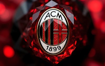 logo en cristal de l'ac milan, 4k, club de football italien, emblème en verre de l'ac milan, fond de cristal rouge, logo de l'ac milan, l'ac milan signe, emblème de l'ac milan, série a, italie, football, milan ac