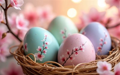 huevos de pascua con sakura pintados, 4k, felices pascuas, flores de primavera, huevos de pascua, sakura, conceptos de pascua, decoraciones de pascua, pascua de resurrección