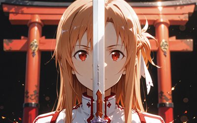 4k, yuuki asuna, espada, puertas torii, arte de espada en línea, de cerca, manga, protagonista, asuna yuuki, personajes de sword art online, asuna, yuuki asuna espada arte en línea