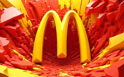 McDonalds 3D logo, 4k, creative, red yellow 3D background, artwork, geometric art, McDonalds logo, fast food company, McDonalds